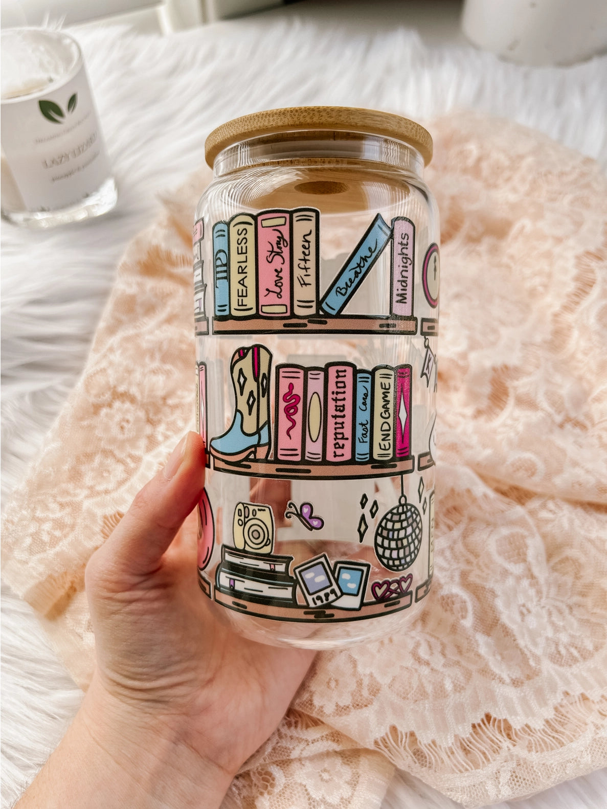Taylor's Bookshelf Glass Cup w/ Straw