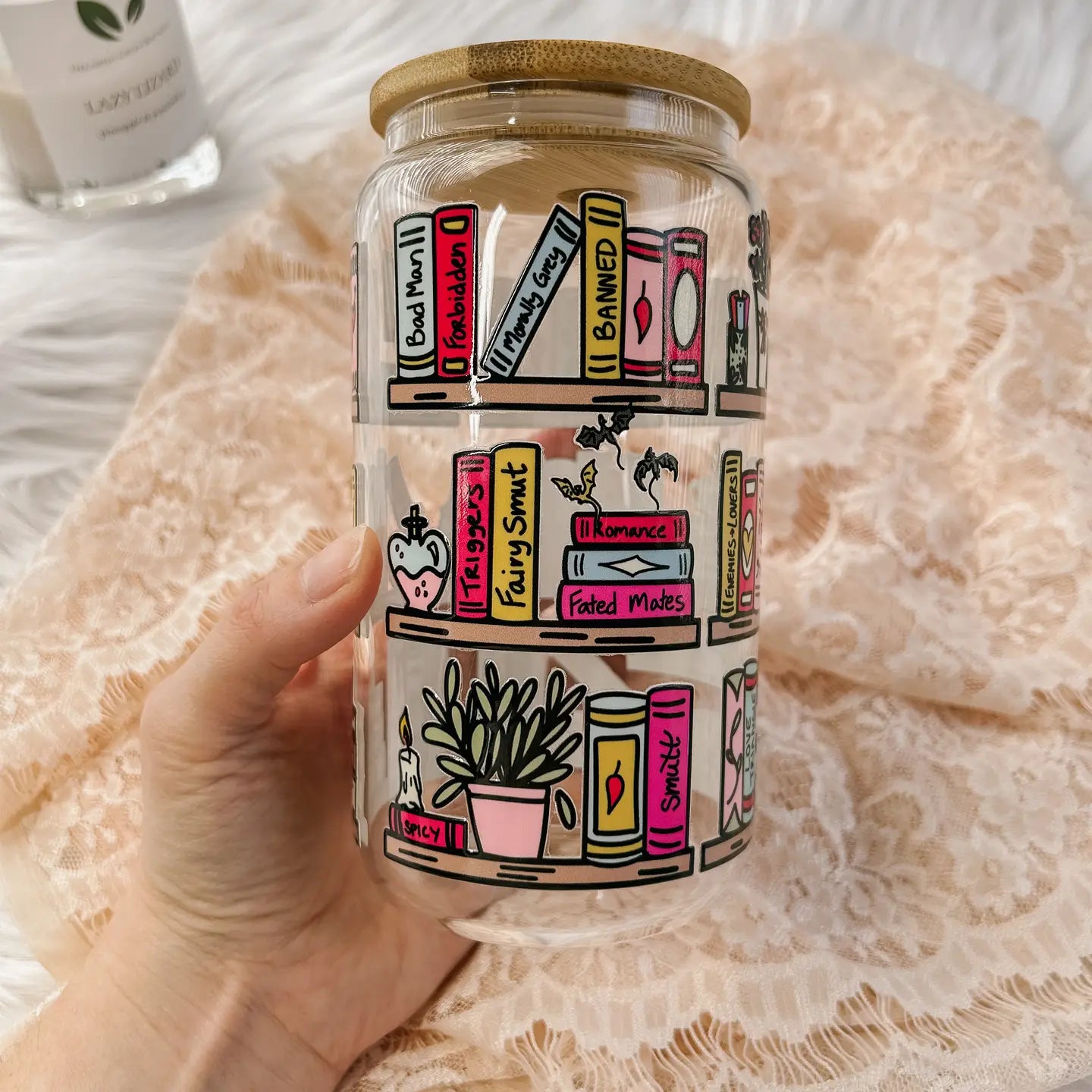Romance Reader's Bookshelf Glass Cup w/ Straw