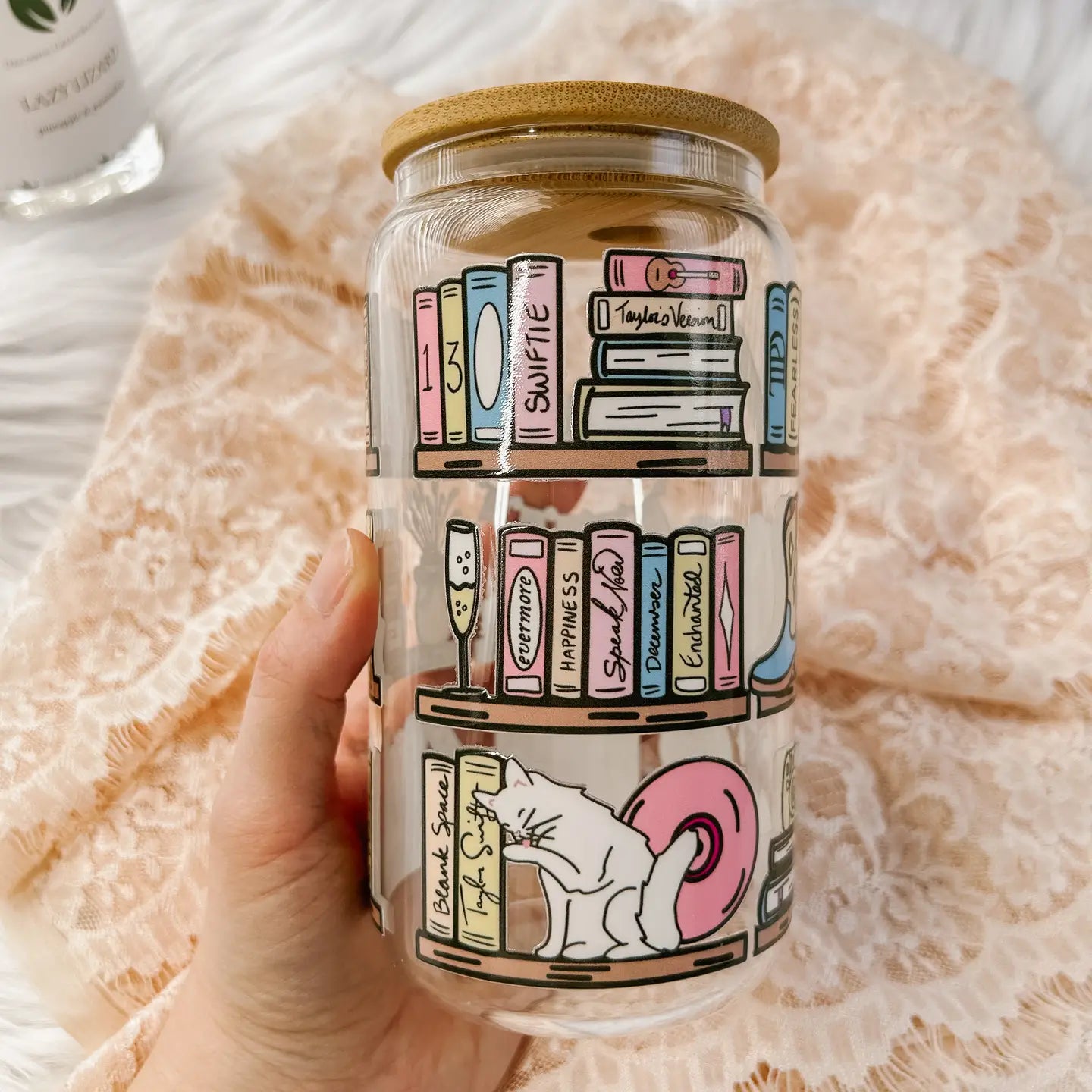 Taylor's Bookshelf Glass Cup w/ Straw