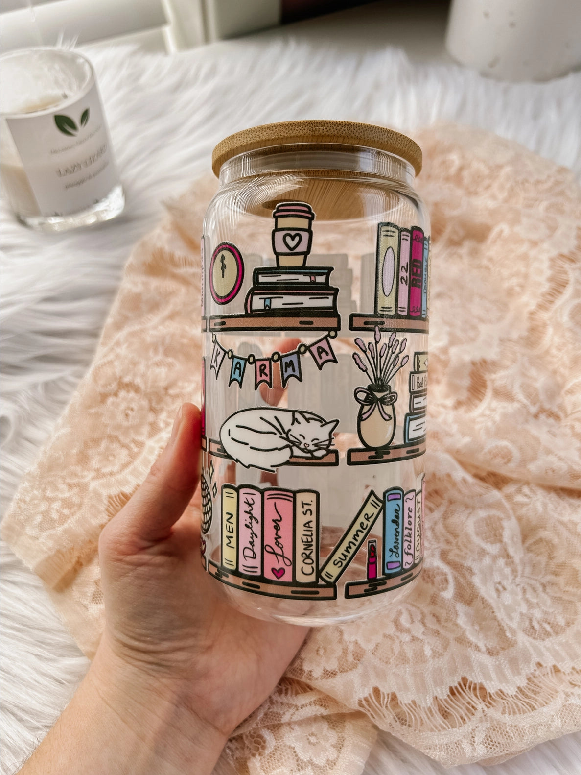 Taylor's Bookshelf Glass Cup w/ Straw